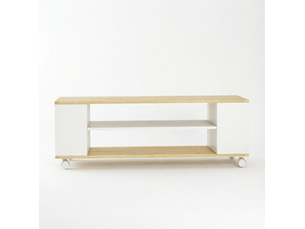 Meuble tv à roulettes avec 2 étagères et 2 niches, mural ou au sol, blanc et bois naturel 120 × 40 × 38,5 cm