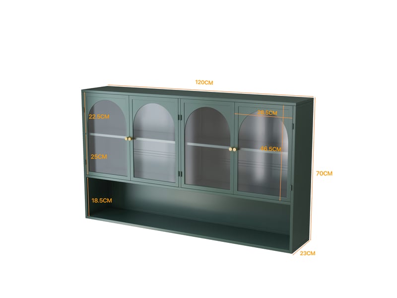  Armoire murale avec 4 portes vitrées pour cuisine et salon, rangement vertical en métal vert foncé, 120 × 23 × 70 cm  - Conforama E