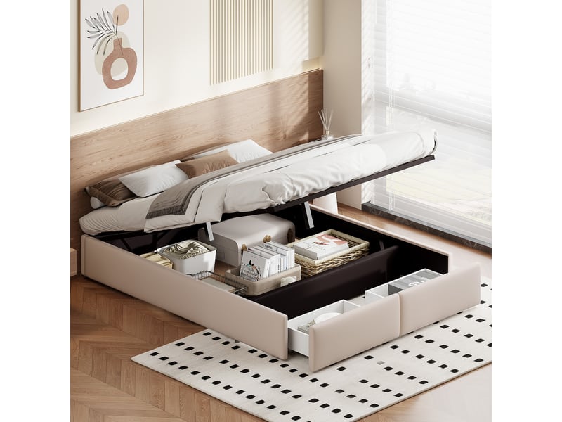 Lit 160 x 200 cm rembourré avec coffre de rangement et 2 tiroirs, lit double hydraulique sans tête de lit, revêtement en lin, beige, sans matelas - Conforama C