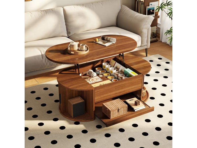  Table basse relevable 110x55x55 cm avec rangement caché, 2 portes coulissantes, tablette extensible, façades rainurées, mdf effet noyer  - Conforama B
