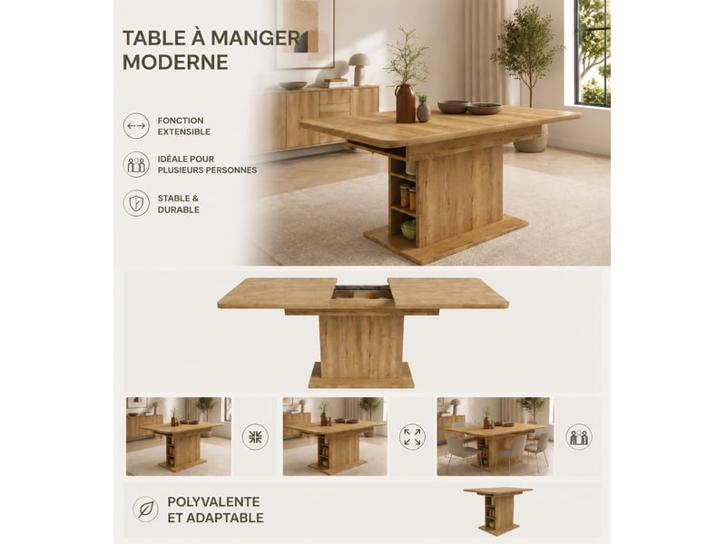  Table à manger extensible 110130 x 70 x 75 cm avec rangement ouvert, rectangulaire pour 4 à 6 personnes, naturel  - Conforama E