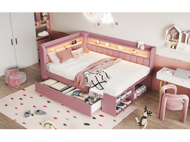  Lit banquette 90 × 200 cm, meuble à chaussures, 2 tiroirs, éclairage led et port usb, dossier rembourré en lin, rose  - Conforama B