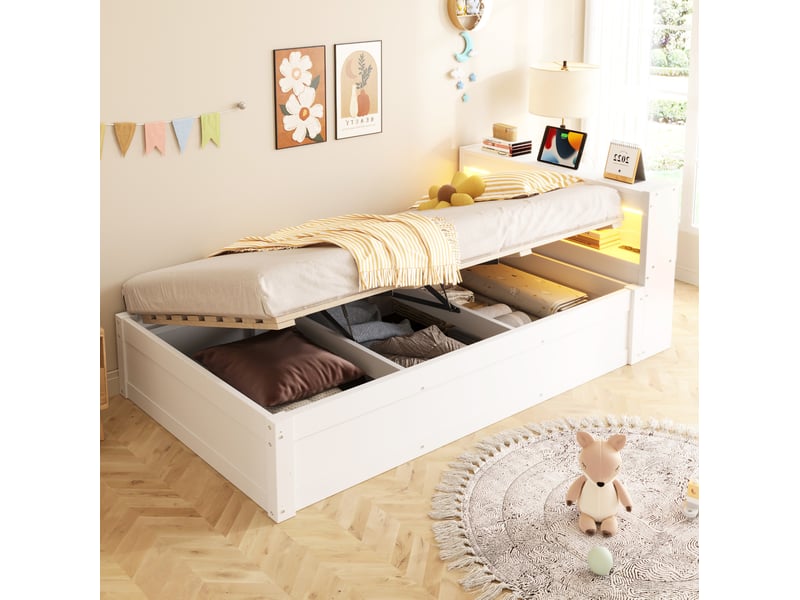  Lit simple 90x200 cm rangement hydraulique, led en bois blanc  - Conforama B
