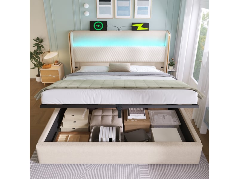 Lit coffre 180x200 cm, lit double, tête de lit haute, ports de charge, led, sommier, lin, beige, sans matelas - Conforama B
