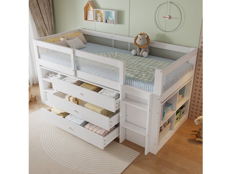  Lit mi-hauteur enfant 90x200 cm, 3 tiroirs, 7 niches, protection acrylique, pin et mdf, blanc, sans matelas  - Conforama D