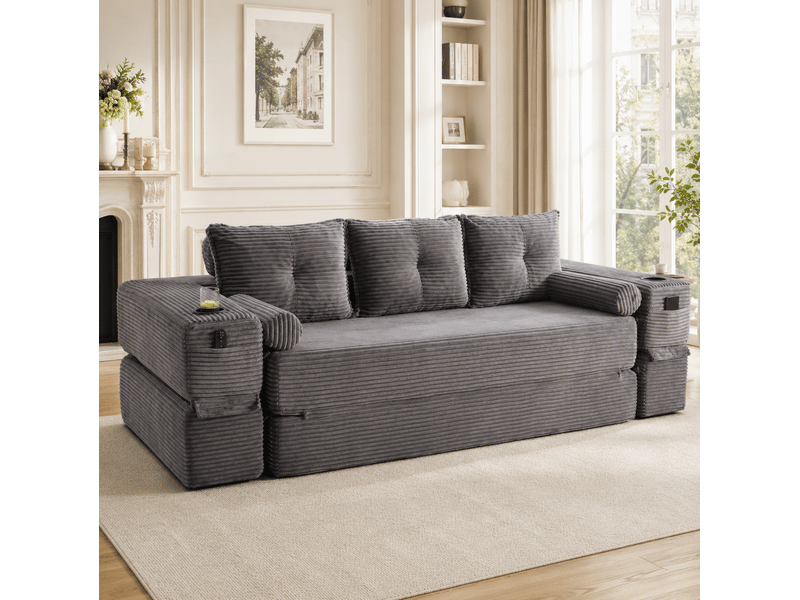 Canapé convertible 3 places modulaire avec poches latérales, porte-gobelet et coussins, en velours côtelé gris foncé - Conforama B