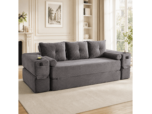 Canapé convertible 3 places modulaire avec poches latérales, porte-gobelet et coussins, en velours côtelé gris foncé