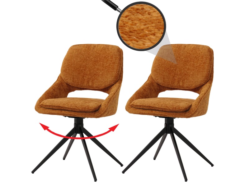 Lot de 2 chaises de salle à manger pivotantes à 180° avec retour automatique assise rembourrée et protections de sol réglables tissu chenille jaune ocre et fer 04_0009907 - Conforama B