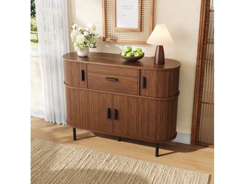 Buffet à portes coulissantes avec 1 tiroir et rangement à deux niveaux pour salon en mdf noyer 110 × 35 × 81,5 cm - Conforama E
