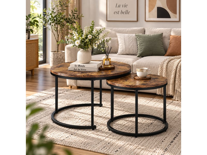  Lot de 2 tables gigognes rondes marron en mdf et métal, ø 50 x h 70,5 cm et ø 45,5 x h 44 cm  - Conforama B