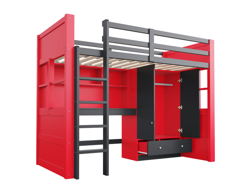  Lit mezzanine 90 × 200 cm avec bureau, armoire, tiroirs, rangements et échelle, style gaming noir et rouge  - Conforama W