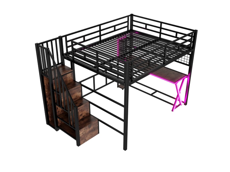 Lit mezzanine 160x200 cm, led télécommandée bureau armoire, escalier rangement métal mdf noir sans matelas - Conforama A