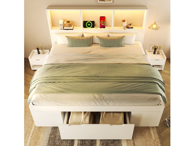  Lit double 140x190 cm blanc en bois avec rangement, led, ports usb et deux tables de nuit mobiles pratiques  - Conforama B
