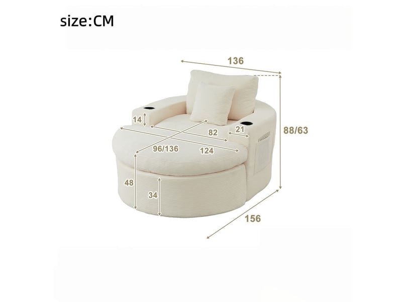  Canapé droit, fauteuil sans armature avec pouf, compartiment de rangement et porte-gobelets, 63 x 136 x 156 cm, beige  - Conforama C