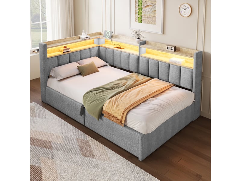  Lit coffre hydraulique 90x200 cm avec led, usb-a et usb-c et tête réversible, velours gris, sans matelas  - Conforama B