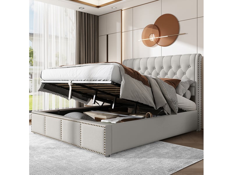  Lit coffre rembourré gris 140 x 190 cm avec sommier à lattes, sans matelas  - Conforama B