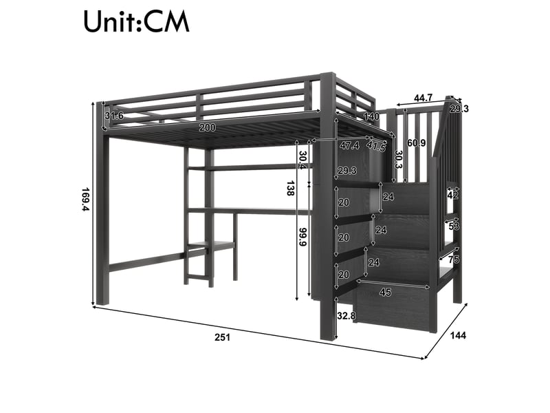  Lit mezzanine double 140×200 cm bureau, armoire et led réglable  - sans matelas, mdf et métal - noir  - Conforama D