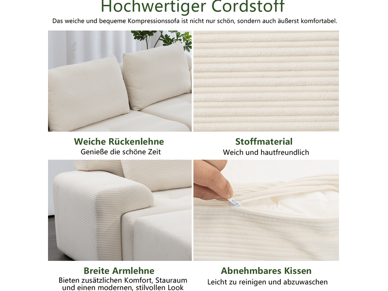  Canapé d'angle modulaire avec assise profonde, mousse haute densité et pouf mobile en tissu côtelé blanc 305 cm  - Conforama E