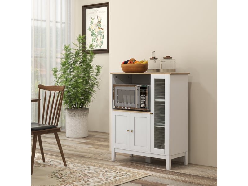 Meuble armoire micro-ondes pour cuisine avec 1 niche, 3 passe-câbles portes 80 x 35 x 97 cm blanc et aspect bois - Conforama D