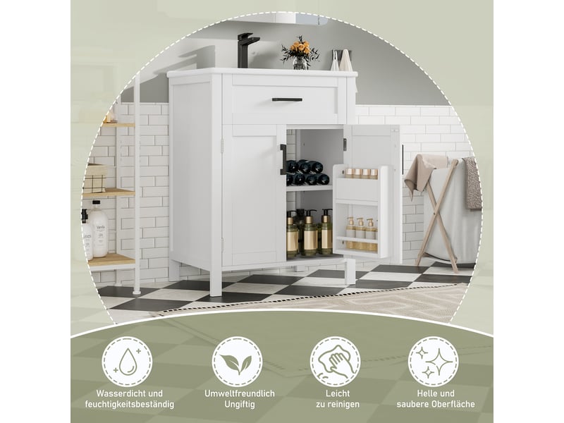  Meuble vasque sur pied blanc, 60 x 46 x 84 cm, en mdf et céramique, avec étagères réglables et vasque intégrée  - Conforama C