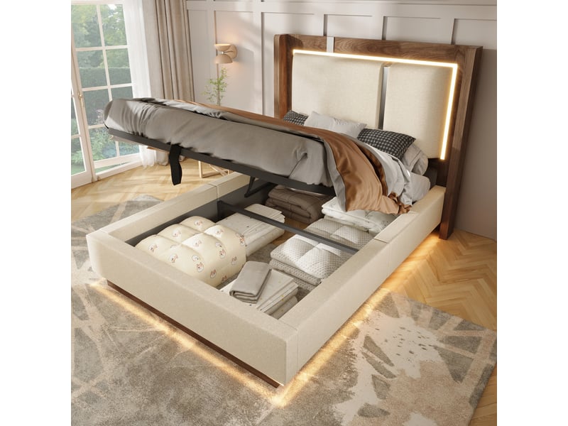 Lit coffre 90x200 cm, lit enfant, sommier à lattes, rangement hydraulique, led, lin beige, noyer - Conforama A