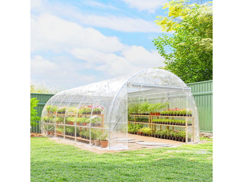  Serre tunnel de jardin 18m² serre de jardin tunnel 296x597x199cm cadre acier galvanisé, bâche pe 150gm² transparent  - Conforama D