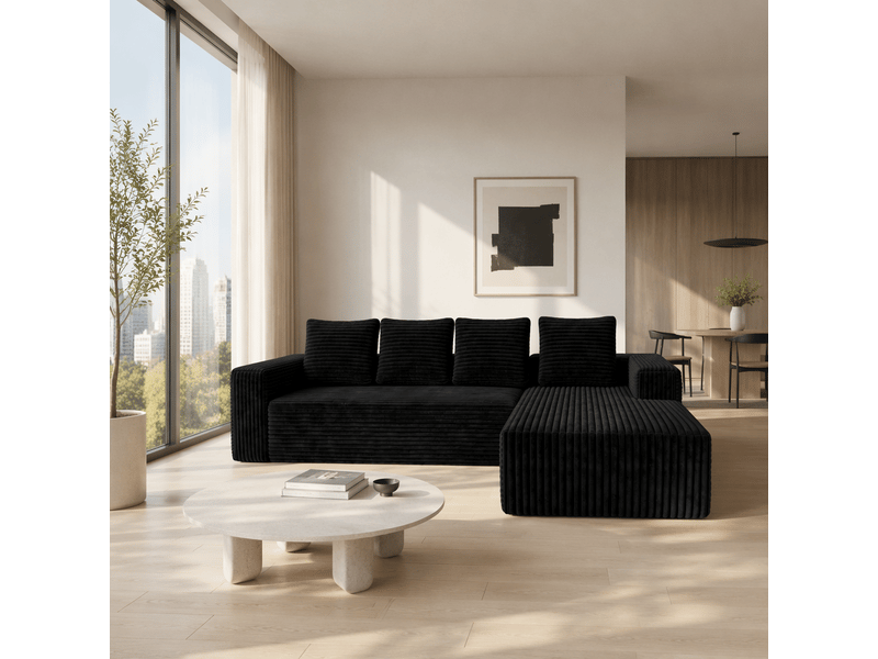  Canapé modulable noir 4 places en velours côtelé, canapé d’angle avec méridienne gauche et assise profonde, pour salon  - Conforama E
