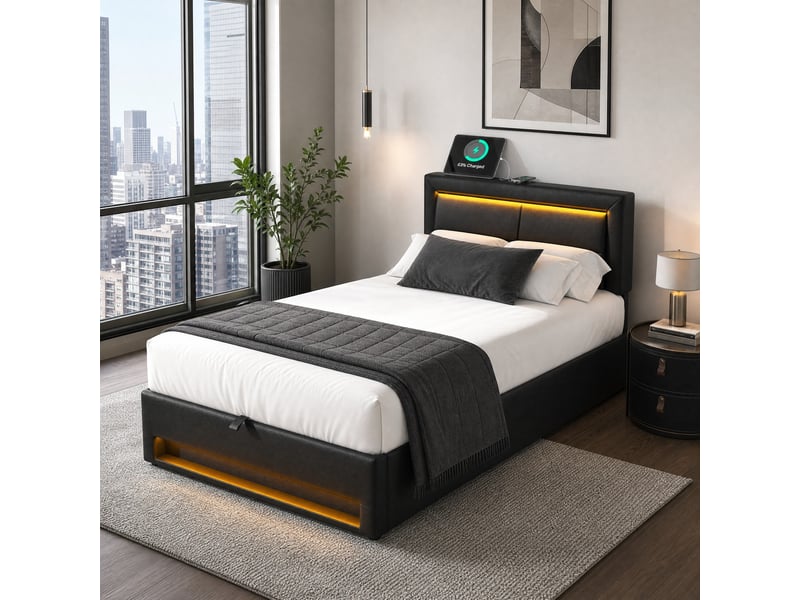  Lit rembourré 90x200 cm avec led, usb et rangement, pu noir  - Conforama C