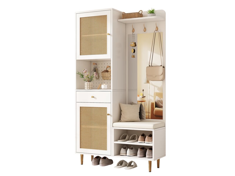  Vestiaire avec banc à chaussures et miroir 99x35x180 cm, blanc et naturel  - Conforama A
