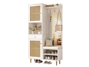 Vestiaire avec banc à chaussures et miroir 99x35x180 cm, blanc et naturel