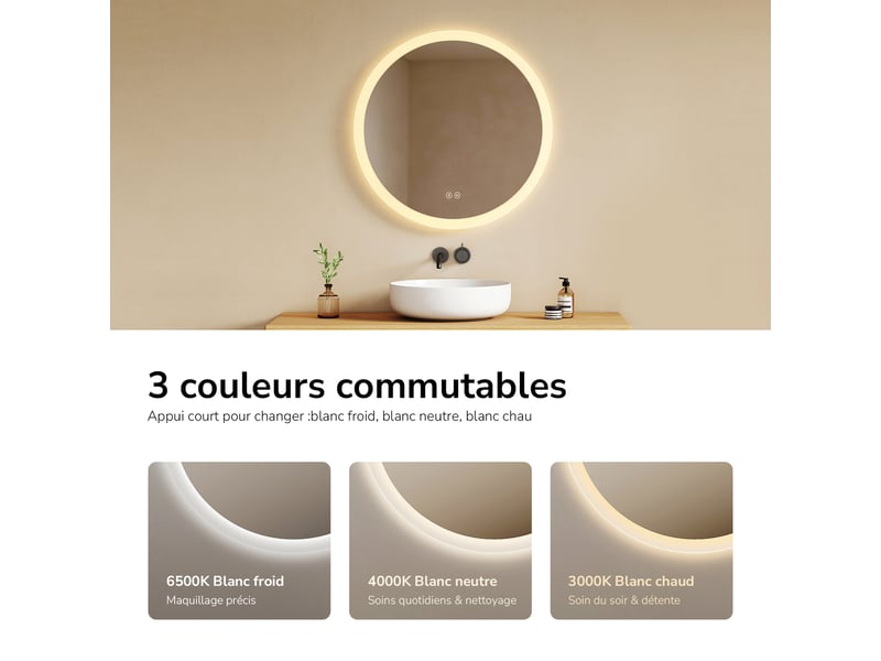 Emke miroir lumineux salle de bain rond diamètre 80cm, miroir led avec interrupteur tactile, anti-buée, miroir avec éclairage 3 couleurs - Conforama C