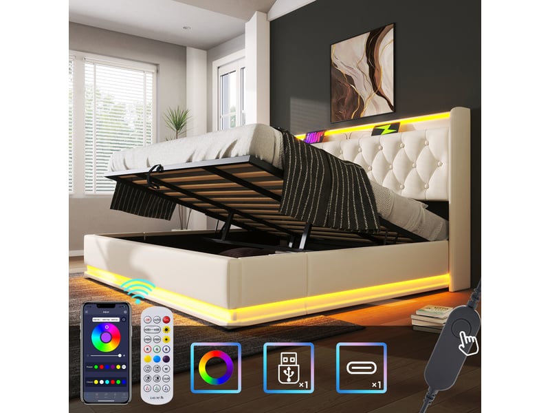  Lit coffre 180x200cm avec led ambiante 360°, ports de charge usb et type-c, design tendance, sans matelas, pu, blanc  - Conforama W