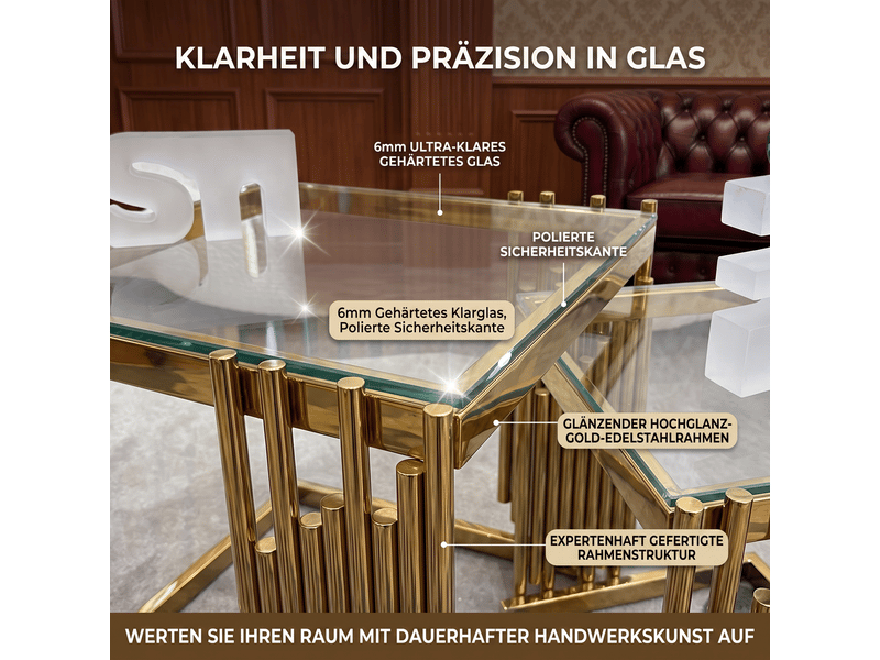  Table d'appoint lot de 2 pièces forme carrée moderne verre trempé transparent pieds en acier inoxydable doré petite table dorée  - Conforama E