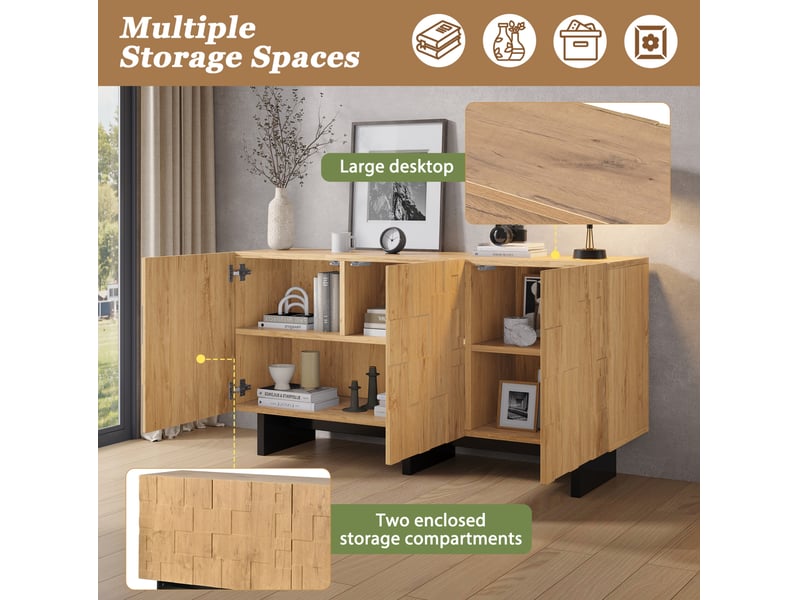  Buffet bas 140x40x70 cm, avec 3 portes, rangement, finition couleur bois, design nature, meuble salon et cuisine, mdf  - Conforama E