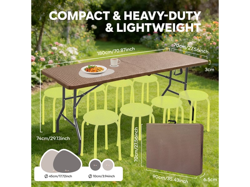 Table pliante extérieur 180x70cm, table pliable jardin pour 8 personnes, marron avec plateau plastique effet rotin & cadre métal, 150 kg, 3 verrous sécurité, table de buffet pour jardin balcon - Conforama B