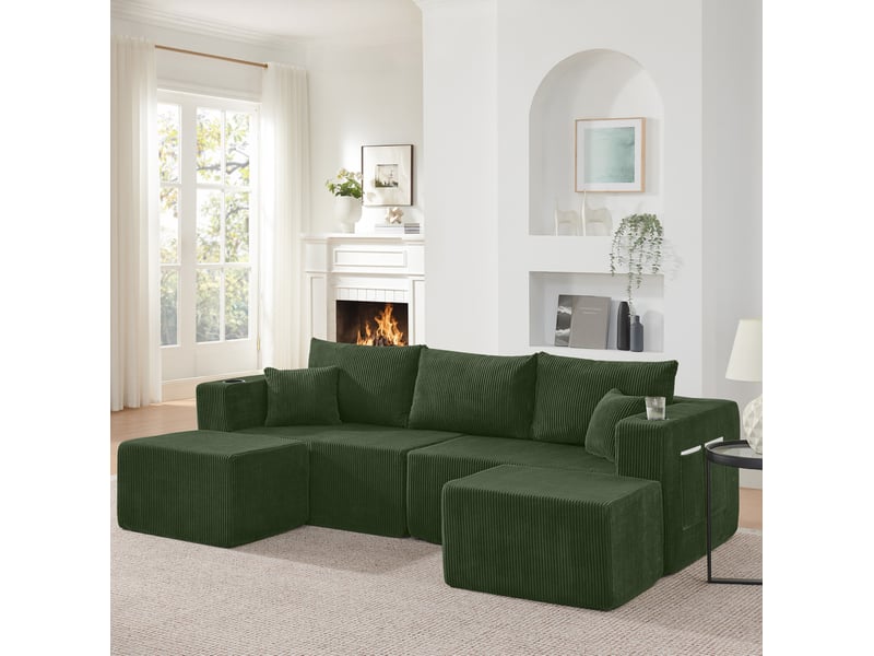  Canapé d’angle modulable 3 places en velours côtelé avec ottomanes homvra  - Conforama C