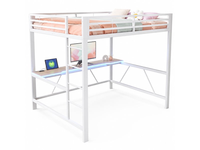 Lit mezzanine gaming 160x200 cm avec bureau, led et usb, structure en métal blanc - Conforama A