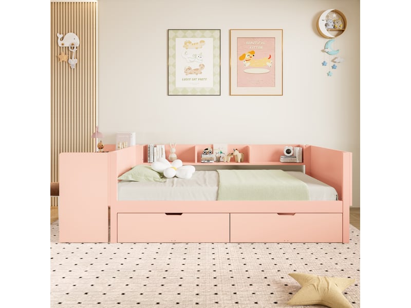  Modenvie lit enfant avec bureau 90x200 cm - avec 2 tiroirs et 3 étagères, sans matelas - rose  - Conforama D
