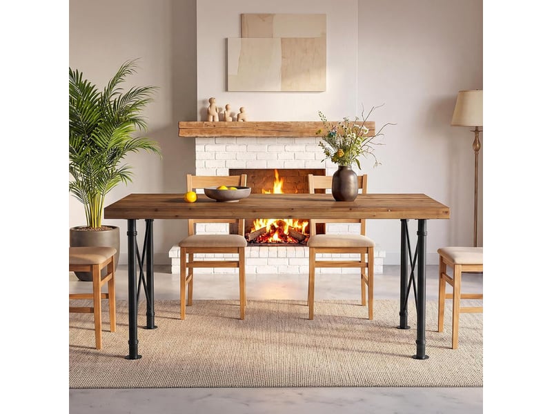  Table de salle à manger en bois massif 160 cm avec pieds en métal, brun rustique  - Conforama E