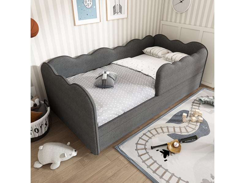  Lit gigogne enfant 90x190 cm avec lit coulissant, banquette lit en lin avec barrière amovible et 2 couchages, lit gain de place gris (sans matelas)  - Conforama C