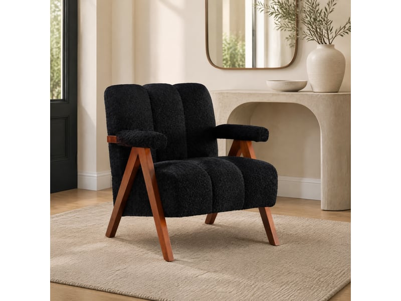 Fauteuil d'appoint avec accoudoirs 77x68,5x77 cm – noir – bouclé, structure en bois de chêne moderne - Conforama B