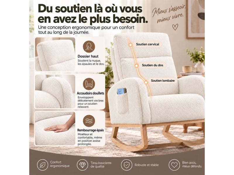  Fauteuil à bascule pour chambre de bébé, tissu teddy, mousse haute densité, cadre bois stable, poche latérale,75*63*104cm,blanc  - Conforama D