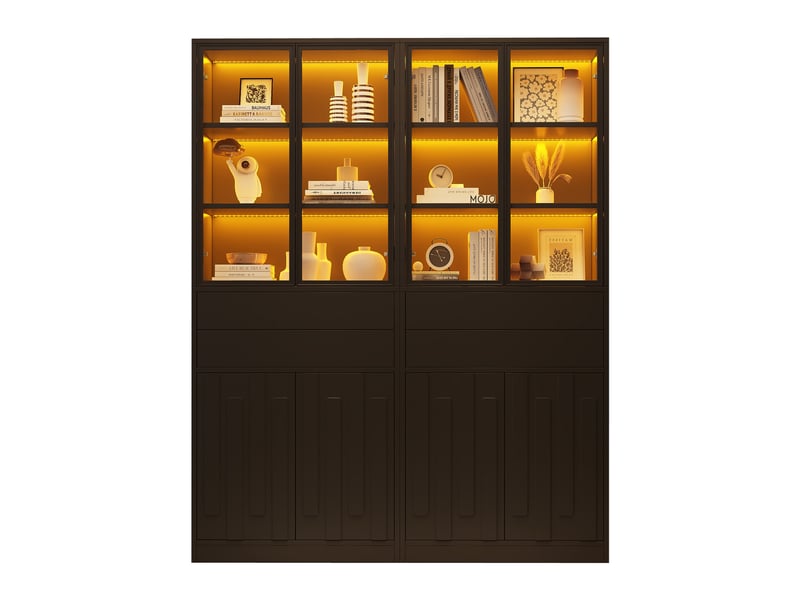 Lot de 2 vitrine led 140x34x180 cm, grand rangement avec 8 portes et 4 tiroirs, bluetooth, noir - Conforama E