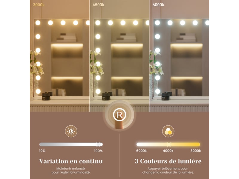  Miroir coiffeuse led 50 x 42 cm - avec miroir grossissant 10x amovible, 3 couleurs d’éclairage et mémorisation du réglage - rectangulaire, à poser ou à fixer au mur  - Conforama C