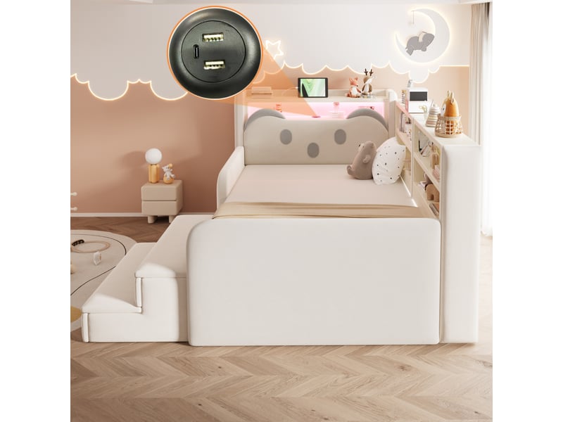  Lit enfant rembourré 90x200 cm en velours avec tête de lit avec rangement, led, usb, tiroirs, marchepied amovible et sommier à lattes - beige  - Conforama E