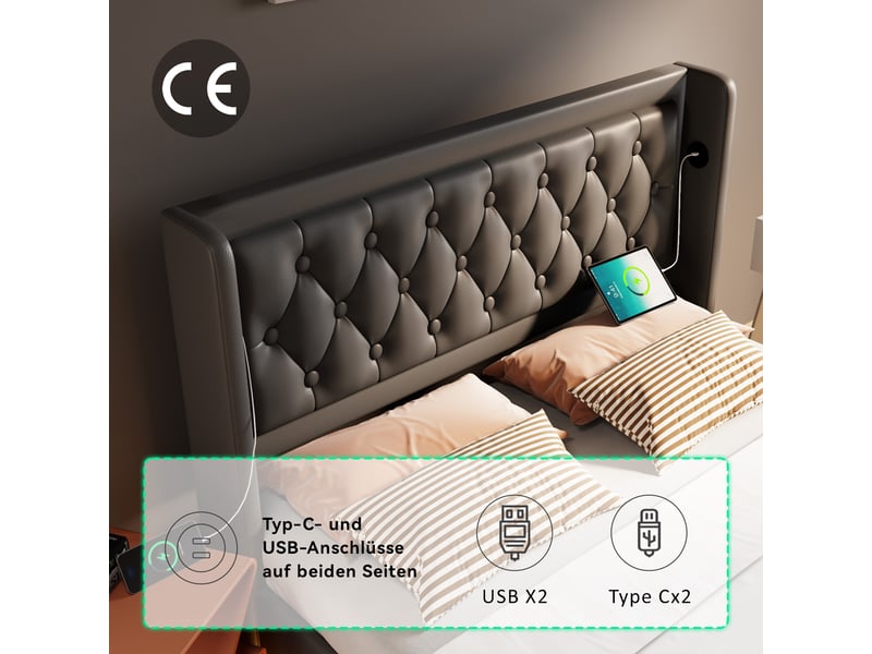  Lit coffre,160x200 cm,avec led et usb type-c,pu,noir  - Conforama E