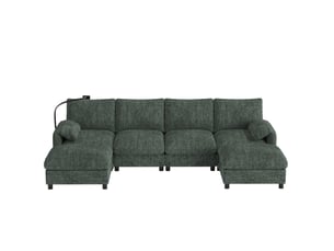 Canapé d'angle modulable modenvie 6 places vert en chenille avec 2 poufs de rangement, ports usb type-c et support téléphone
