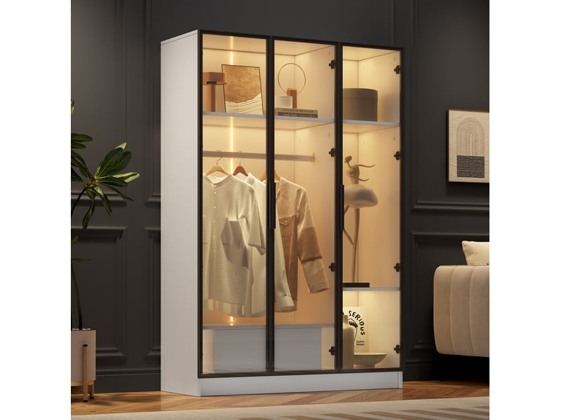  Armoire 110x50x160 cm, 3 portes en verre, meuble vitrine, 1 tiroir, led, armoire de salon et chambre, aggloméré blanc  - Conforama D