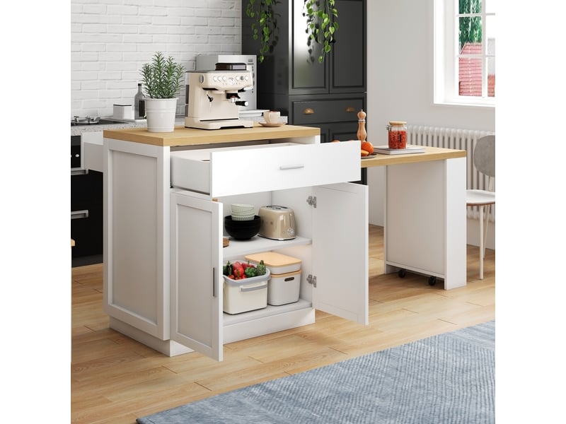 Îlot de cuisine avec table coulissante 2 à 6 places et prises - lpospi - rangement, mdf blanc 188 × 55 × 92 cm - Conforama C