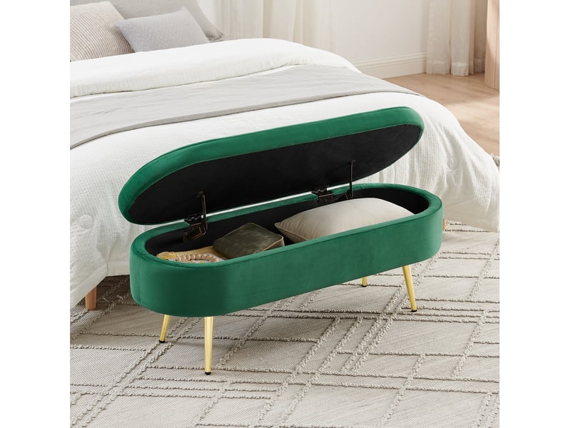  Banc de rangement 110x40x42 cm, coffre 20 l, pieds en bois, meuble chambre, meuble bureau et salon, velours, vert foncé  - Conforama E